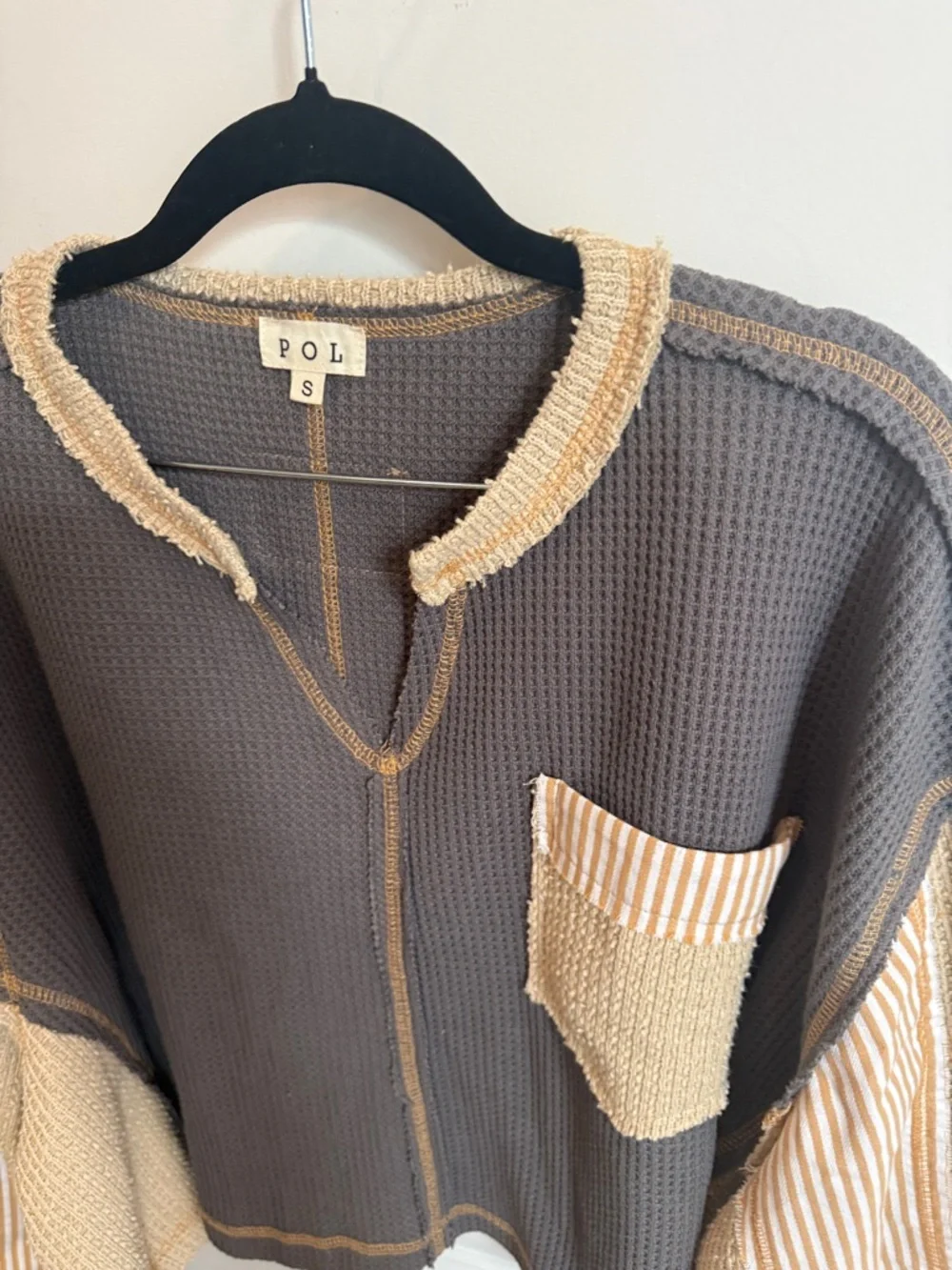 POL Patchwork Waffle-Knit Pullover - Gray & Cream - Picture 8 of 12